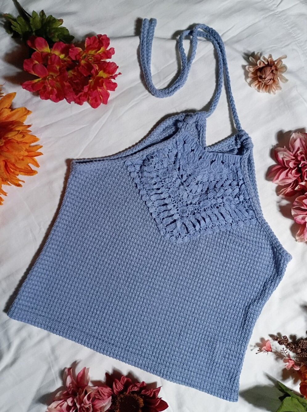 Adorable Light Blue Crochet Halter Knit Tank Top